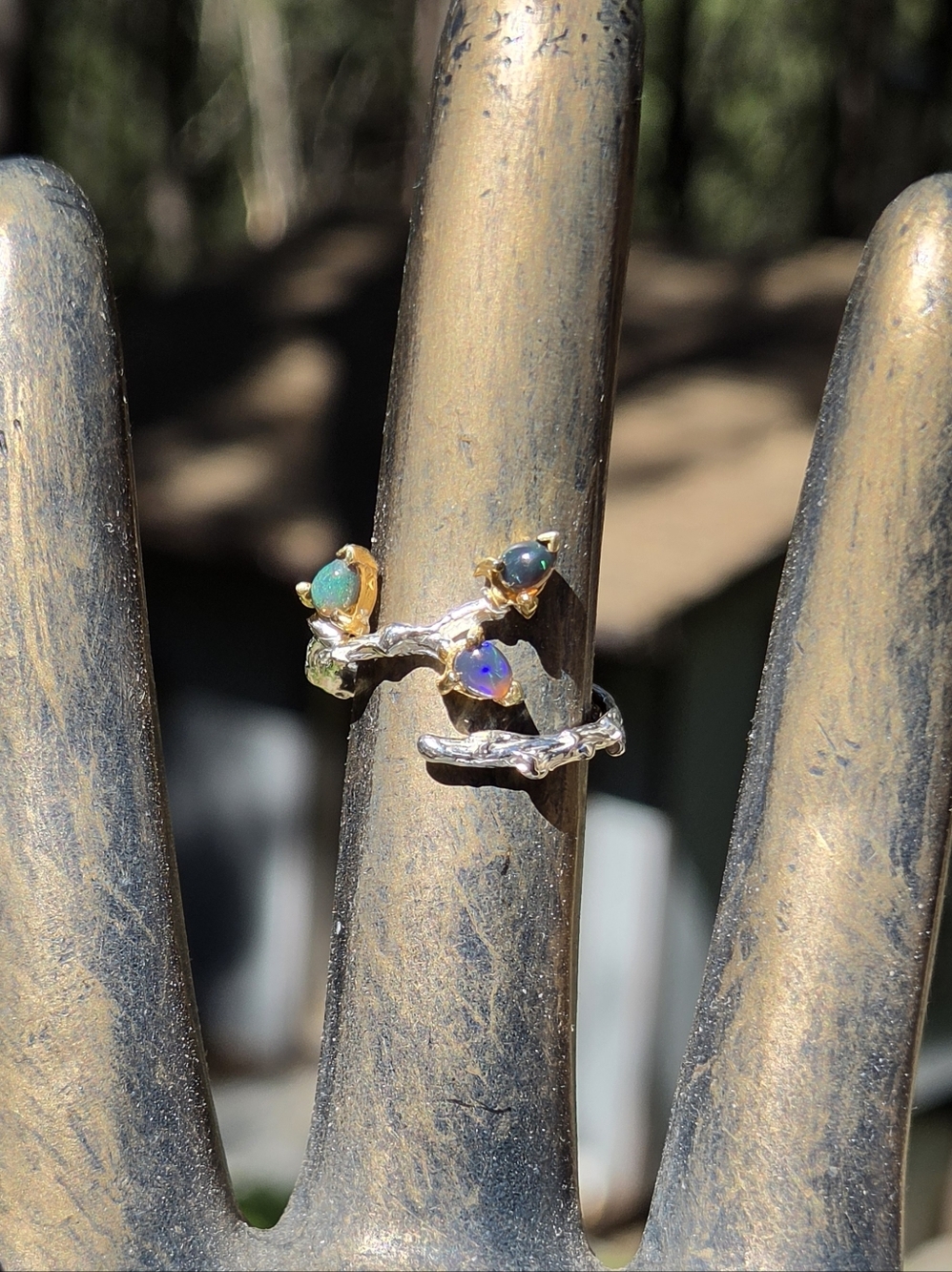 Opal Accent Branch Vine Sterling & Gold Ring Sz6.5 Adjustable - Picture 3 of 9